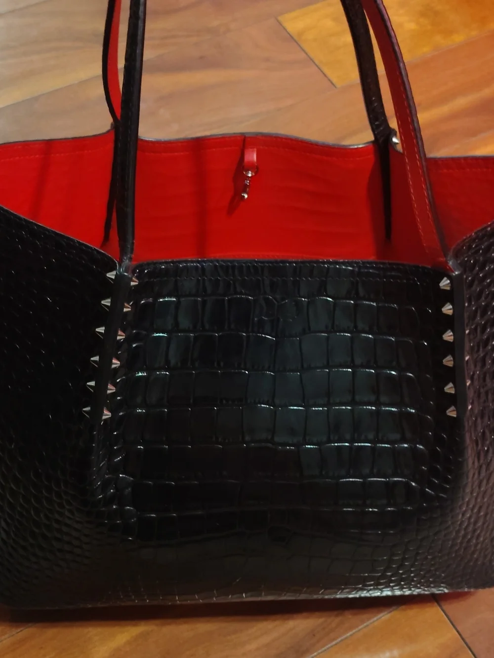 Women's Black Croc-Embossed Tote with Red Interior